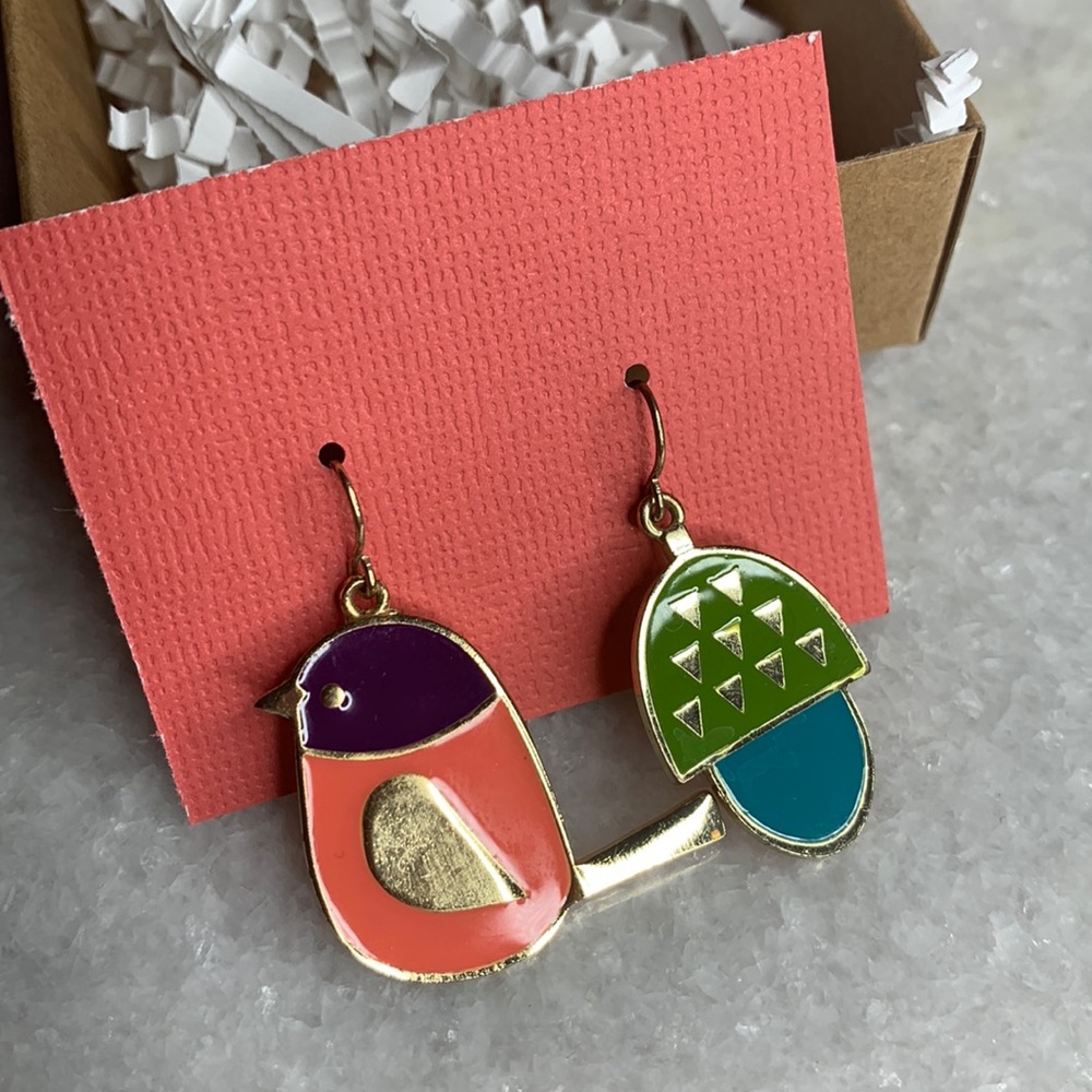 Mismatched set of earrings - bird and mushroom